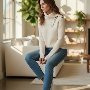Zara Cream Ribbed Cowl Turtleneck Sweater with Shoulder Buttons